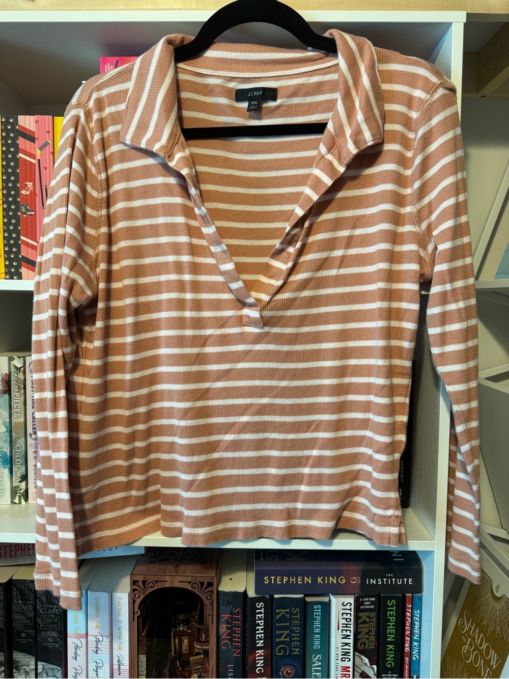 J. Crew Striped Long-Sleeve V-Neck Polo in Tan & White